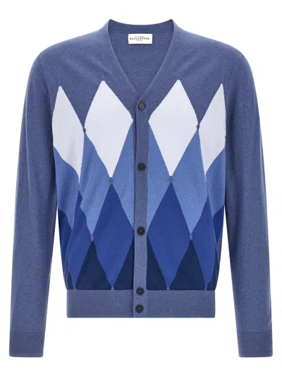 Ballantyne Argyle Jacquard Cotton And Cashmere Blend Cardigan In Blue