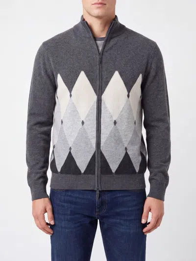 Ballantyne Argyle Pattern 100% Cashmere Zip Cardigan In Gray