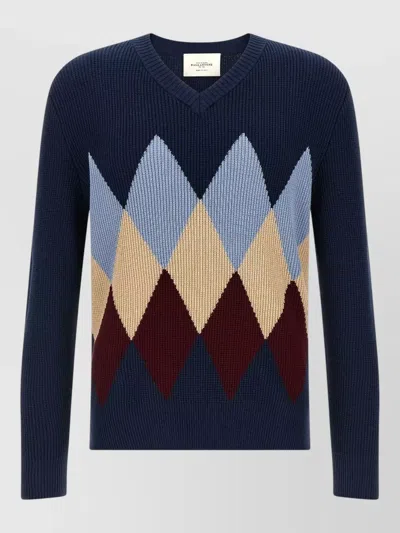Ballantyne Argyle Pattern V Neck Ribbed Sweater In Blue