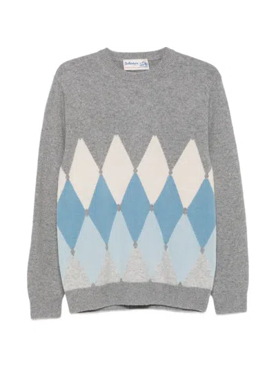 Ballantyne Cashmere Argyle Crew Neck Jumper In Gray