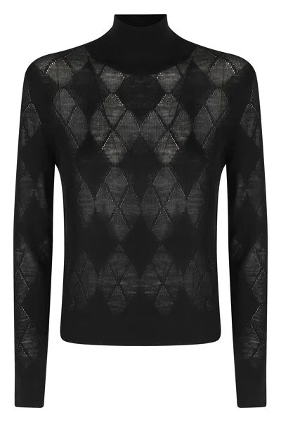 Ballantyne Black Geometric Diamond Pattern Mid-neck Wool Sweater