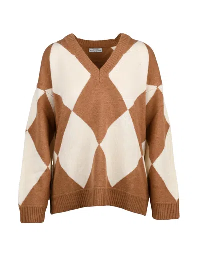 Ballantyne Bold Argyle V-neck Sweater In 100% Wool In Brown