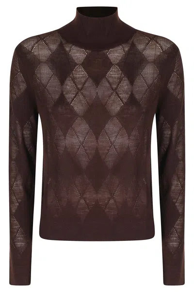 Ballantyne Brown Geometric Diamond Pattern Mid-neck Wool Sweater In Black