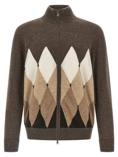 BALLANTYNE CARDIGAN ARGYLE SWEATERS AND CARDIGANS BROWN