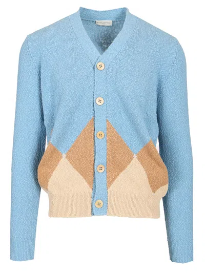 Ballantyne Cardigan Azzurro Rombo Intarsio Beige Cotone In Blue