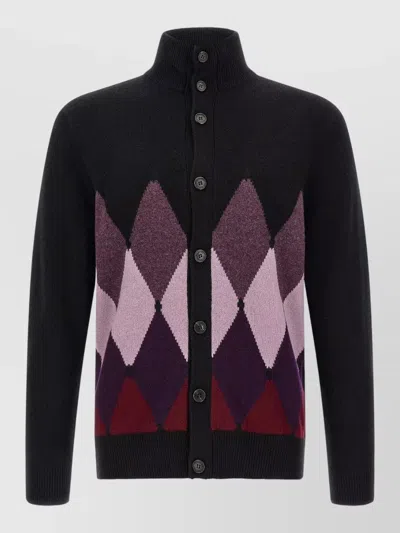 Ballantyne Cashmere Diamond Intarsia Cardigan In Black