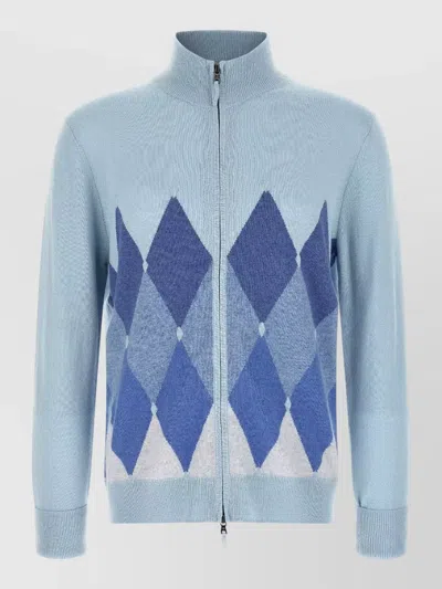 Ballantyne Cashmere Diamond Intarsia Zip Cardigan In Blue
