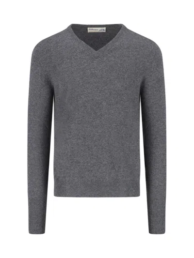 Ballantyne Cashmere V-neck Sweater With Ribbed Finishes In Gray