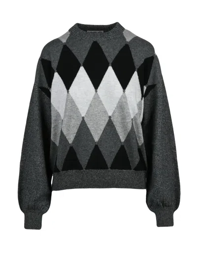 Ballantyne Classic Crew Neck Cashmere Sweater With Puff Sleeves And Argyle Pattern In Gray