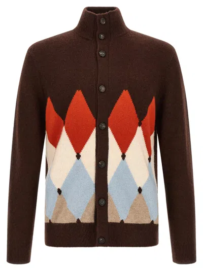 Ballantyne Diamond-intarsia High-neck Cardigan In Brown
