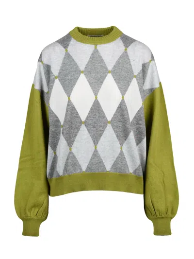 Ballantyne Crewneck Sweater With Bold Argyle Pattern And Puff Sleeves In Green