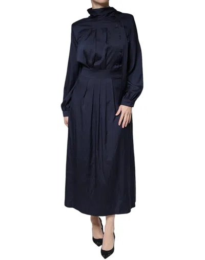 Pre-owned Ballantyne Dark Blue Long Sleeves Pleated A-line Maxi Women's Dress ()