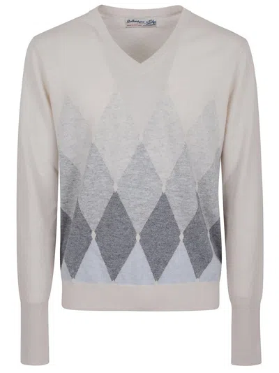 Ballantyne Diamond Pattern Cashmere Sweater With V-neck In Gray