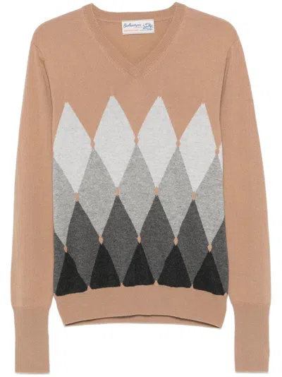 Ballantyne Diamond-pattern V-neck Sweater In Brown