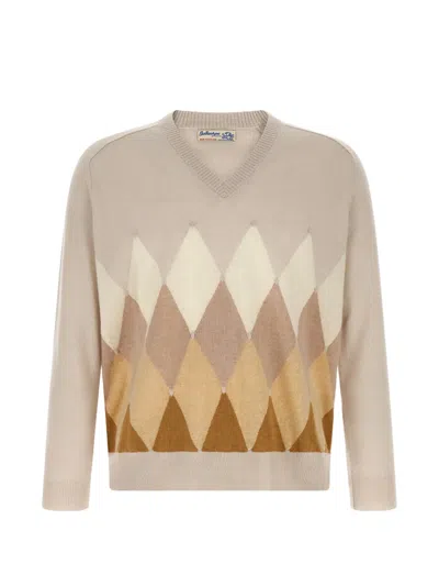 Ballantyne Diamond-inlay V-neck Sweater In Neutral