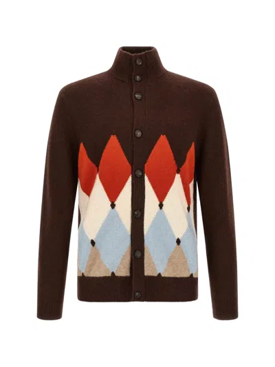 Ballantyne Diamond-intarsia High-neck Cardigan In Brown