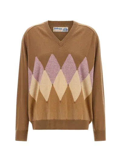 Ballantyne Diamond-motif Intarsia-knit V-neck Sweater In Brown