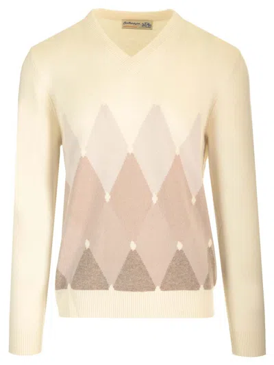 Ballantyne Double Yarn Cashmere Diamond Sweater Knitwear White
