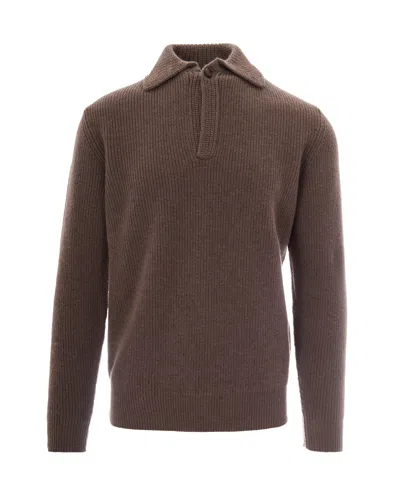 Ballantyne Fisherman Rib Wool Polo Sweater In Brown