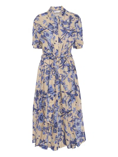 Ballantyne Floral Print Belted Shirt Dress In Brown