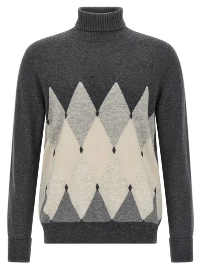 BALLANTYNE GREY ARGYLE TURTLENECK SWEATER