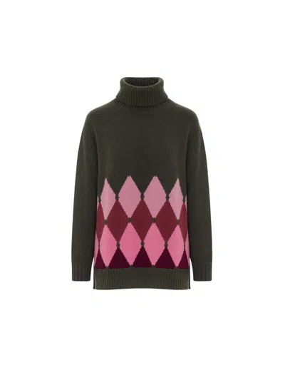Ballantyne High Ribbed Neck Cashmere Sweater With Bold Argyle Pattern In Brown