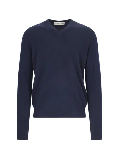 Ballantyne Navy Cashmere V-neck Sweater With Ribbed Finishes In Blue