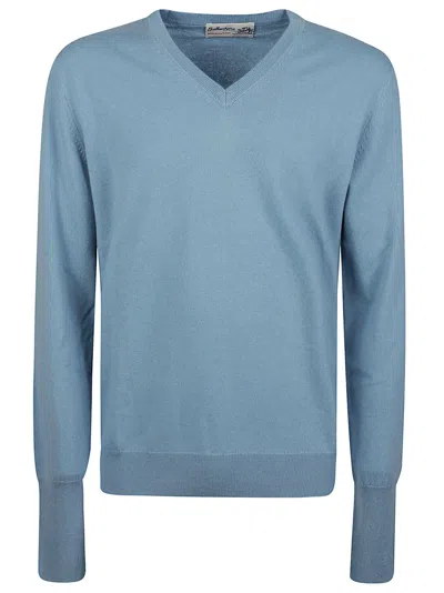 Ballantyne Plain Stitch V-neck Ribbed Cashmere Knit Sweater In Blue