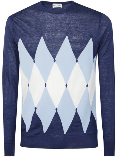 Ballantyne R Neck Pullover In Blue Light Blue White