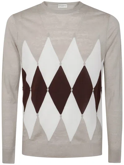Ballantyne R Neck Pullover In Light Grey White Brown