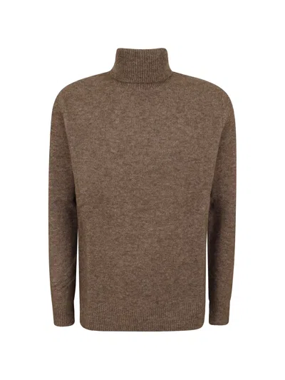 Ballantyne Roll Neck Brown Knit Pullover With Ribbed Details In Multi