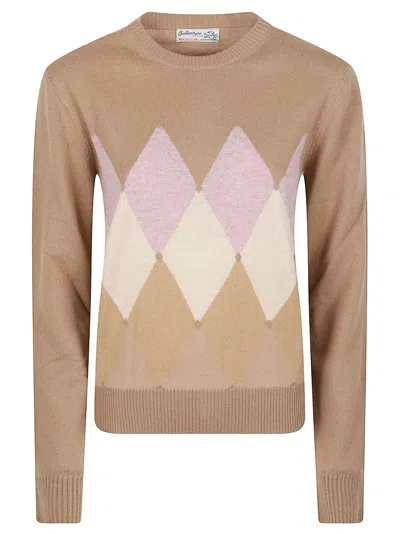 Ballantyne Round Neck Classic Diamon Argyle Cashmere Sweater In Brown