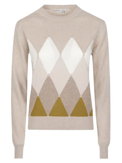 Ballantyne Round Neck Classic Diamon Argyle Cashmere Sweater In Neutral