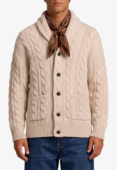 Ballantyne Shawl-collar Cable Knit Wool Cardigan In Beige