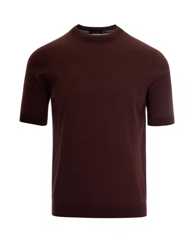 Ballantyne Slim-fit Short-sleeve Knit Top With Ribbed Details In Burgundy