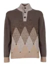 Ballantyne Argyle Pattern Wool Sweater With Buttoned Turtleneck In Multi