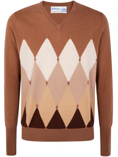 Ballantyne V Neck Pullover Argyle Pattern Knit In Red
