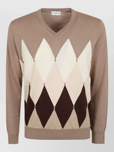 BALLANTYNE V NECK SWEATER ARGYLE PATTERN RIBBED TRIMS