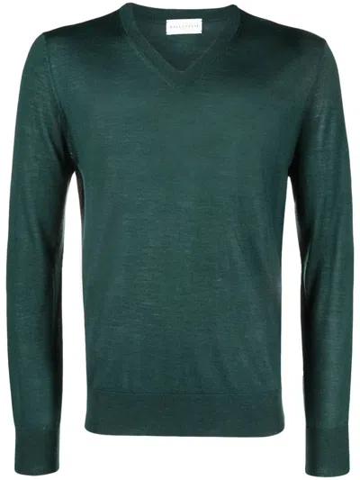 Ballantyne Fine Knit V Neck Slim Pullover In Green