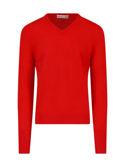 Ballantyne Vibrant Red V-neck Ribbed Detail Sweater