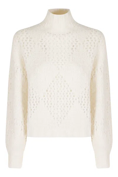 Ballantyne White Openwork Mid-neck Alpaca-blend Pullover Sweater In Multi