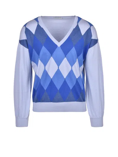 Ballantyne Wide V-neck Cotton And Cashmere Sweater With Argyle Pattern In Blue