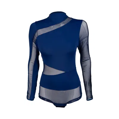 Balletto Athleisure Couture Women's Blue Long-sleeved Tulle Seamed Bodysuit Marine