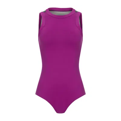 Balletto Athleisure Couture Women's Pink / Purple Mesh Back Swimmer Due Tech Bio Attivo Bodysuit Viola In Pink/purple
