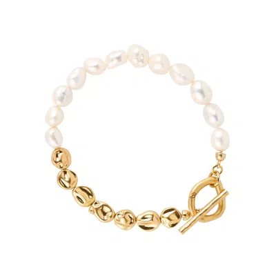 Ballinger Women's Gold / White / Neutrals Pearls And Pebbles T-bar Statement Bracelet - Gold & Cream