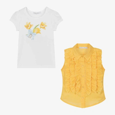 Balloon Chic Kids' Girls White T-shirt & Yellow Blouse Set