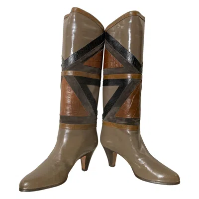 Pre-owned Bally 1980s  Snakeskin & Lizard Geometric Patchwork Boots In Brown