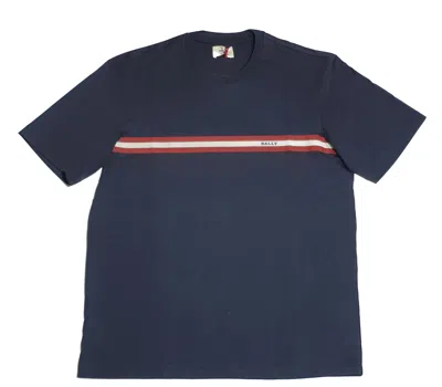Bally 6233735 Men's Navy Blue 100% Cotton Striped Logo T-shirt