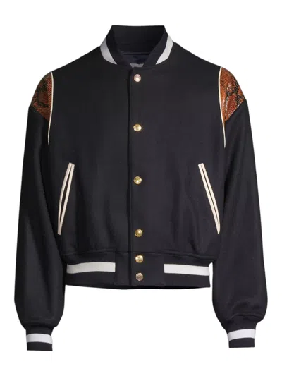 Bally 6305032 Men's Navy Wool-blend Snakeskin-embossed Bomber Jacket In Blue