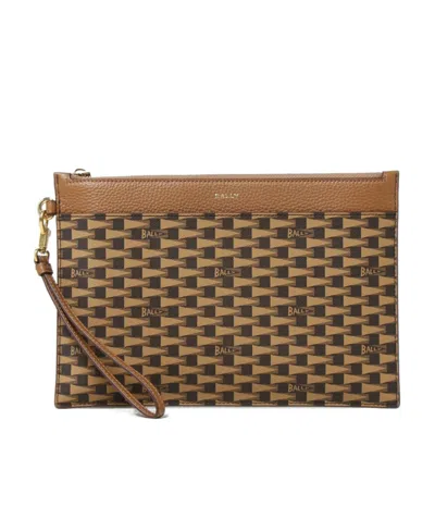 Bally Allover Logo Printed Zipped Clutch Bag In Brown